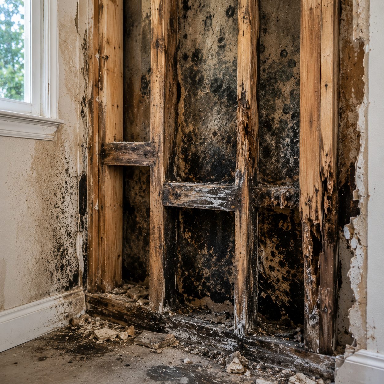 Structural wood damage and rot from prolonged mold