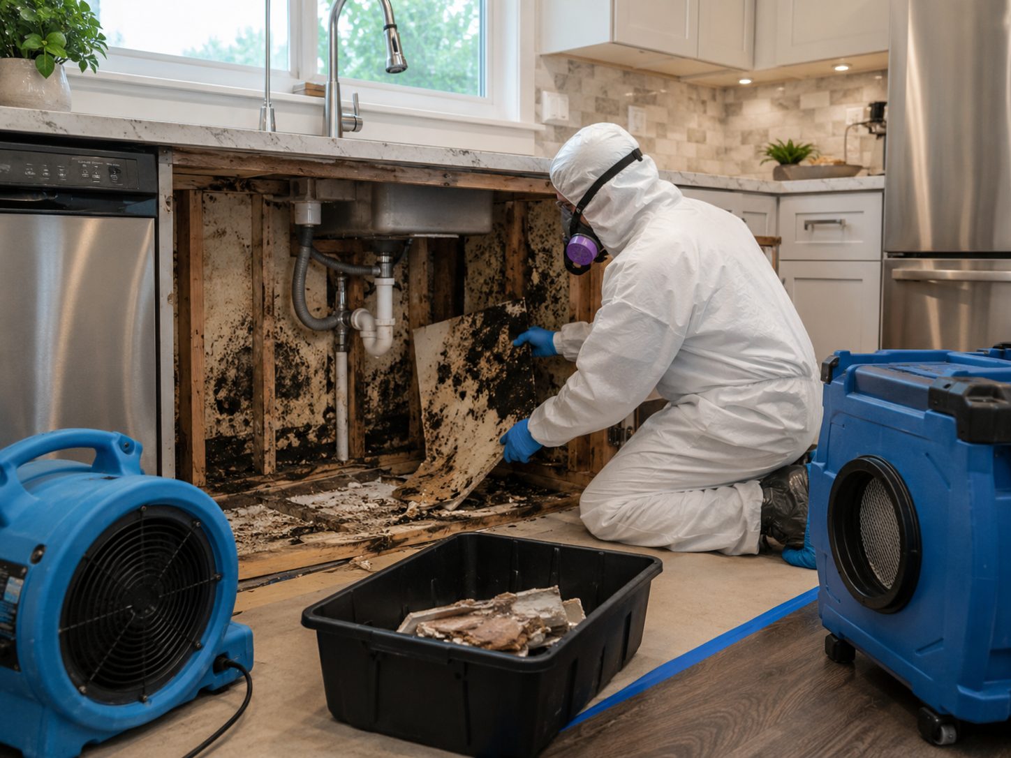 Kitchen Sink Leak Remediation Before and After